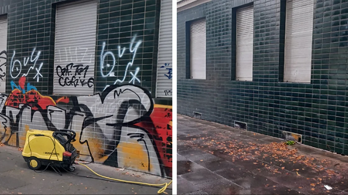 Vorher-Nachher Beispiel für Graffiti- und Farbentfernung